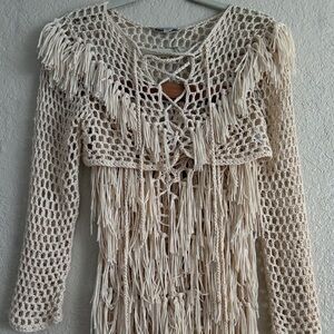 DAVI & DANI Ivory Crochet Pants & Long Sleeve Top with Fringe